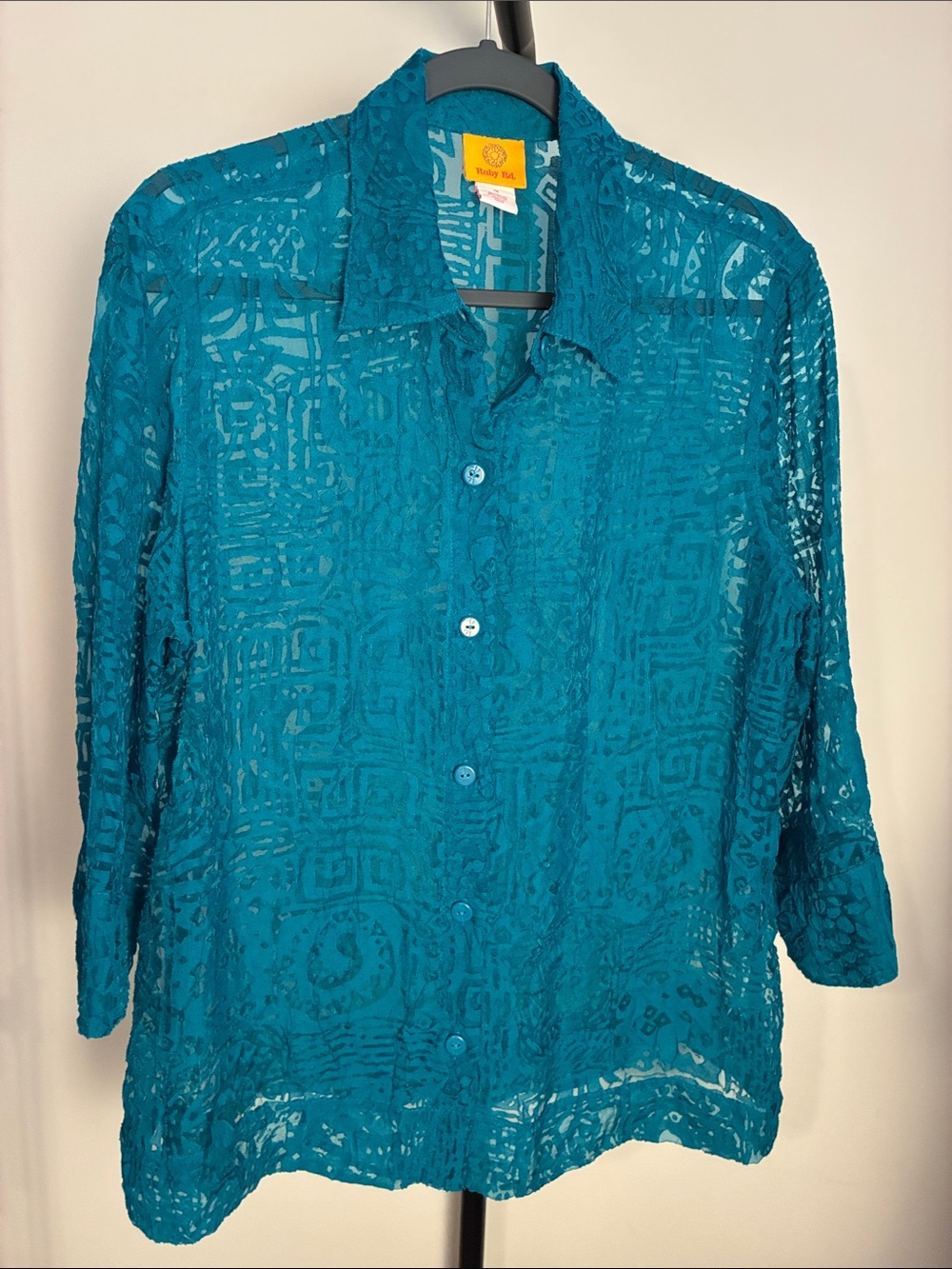 Ruby Rd. Teal Sheer Tribal Button-Down Shirt size 14